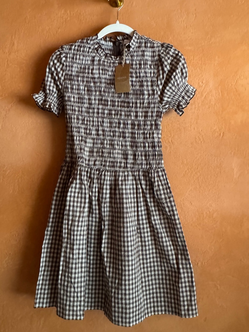 NWT Rihoas Brown Gingham Smocked Mini Dress Size Small